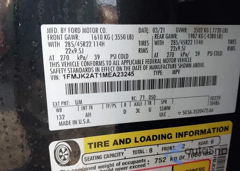 2021 Ford Expedition Limited Max z USA, uszkodzony, nr VIN 1FMJK2AT1MEA23245